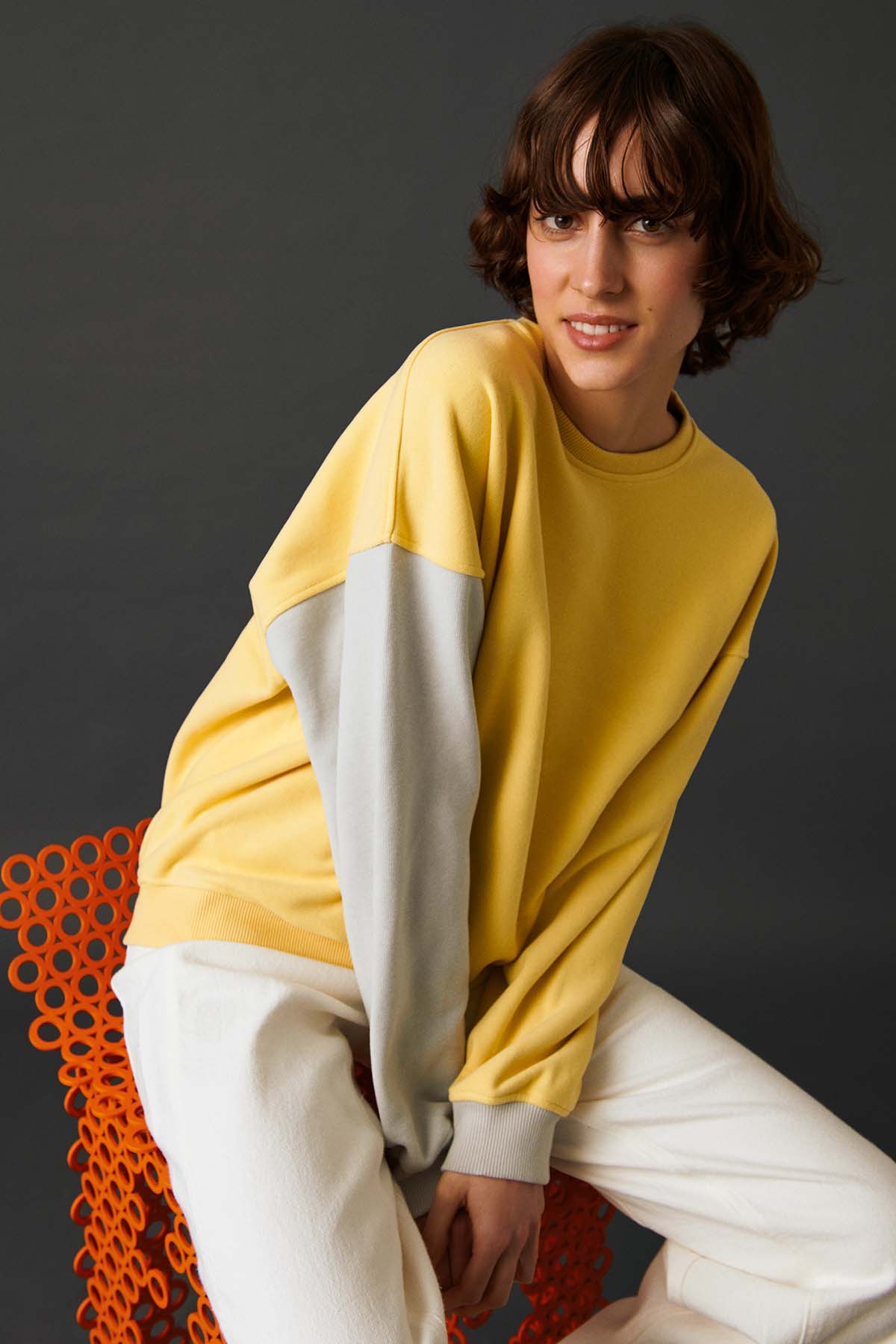 Unisex Oversize Sweatshirt - Soluk Sarı/Taş Grisi - Bruno Society