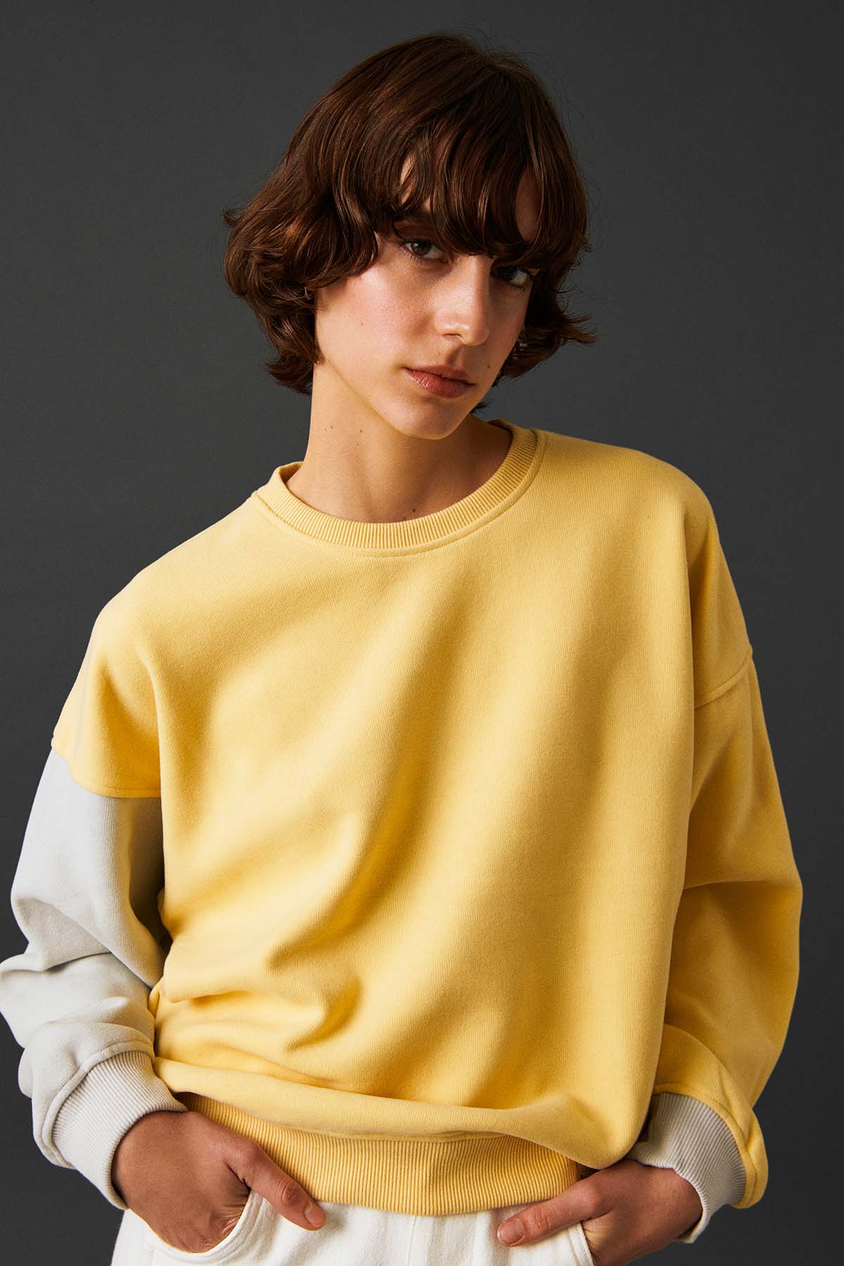 Unisex Oversize Sweatshirt - Soluk Sarı/Taş Grisi - Bruno Society